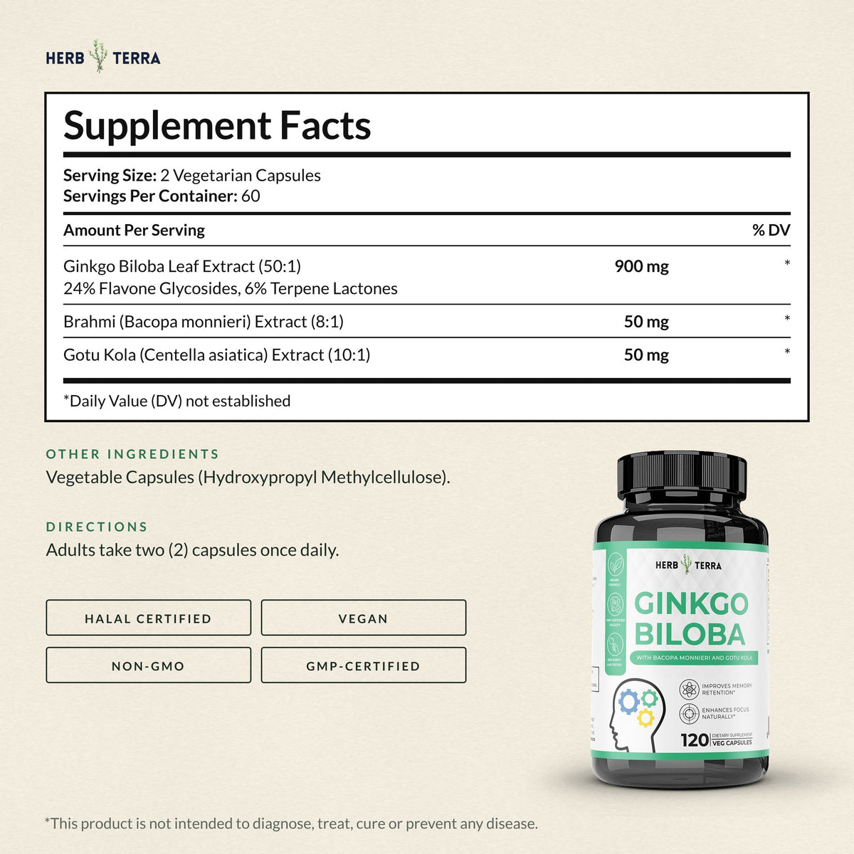 Herb Terra Ginkgo Biloba with Bacopa, 120 Veg Capsules: supplement facts panel with other ingredients and directions