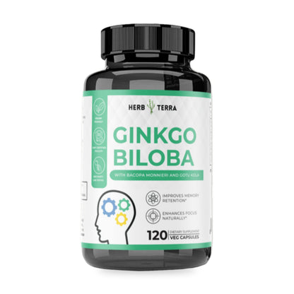 Herb Terra Ginkgo Biloba with Bacopa, 120 Veg Capsules: bottle front on white background