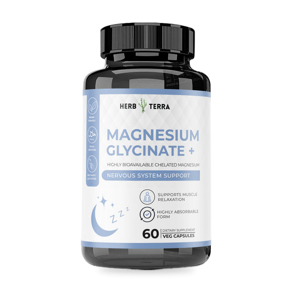 Herb Terra Magnesium Glycinate+, 60 Veg Capsules: bottle front on white background