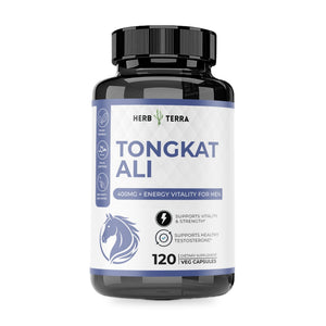 Herb Terra Tongkat Ali 120 Veg Capsules: bottle front on white background